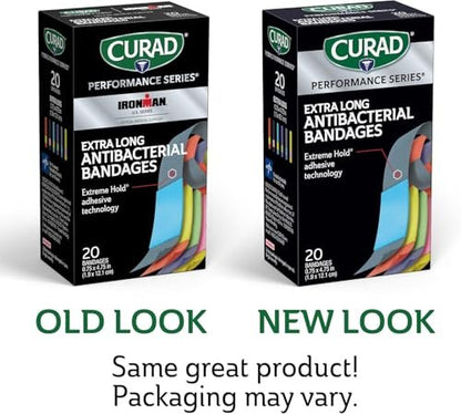 CURAD Performance Series IRONMAN Antibakterielle Pflaster, Extreme Hafttechnologie, extra lange flexible Stoffpflaster für Schnitte, Schürfwunden und Verbrennungen, gemischte Farben, 0,75 x 4,75 Zoll, 20 Stück