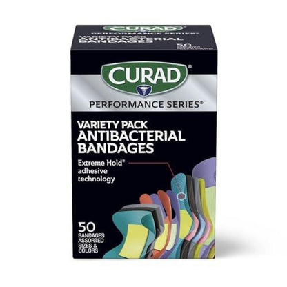 CURAD Performance Series IRONMAN Antibakterielle Finger- und Knöchel-Bandagen mit extremer Haftkraft, flexible Stoffpflaster, Sortiment mit verschiedenen Größen und Farben, 50 Stück