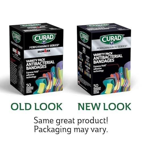 CURAD Performance Series IRONMAN Antibakterielle Finger- und Knöchel-Bandagen mit extremer Haftkraft, flexible Stoffpflaster, Sortiment mit verschiedenen Größen und Farben, 50 Stück