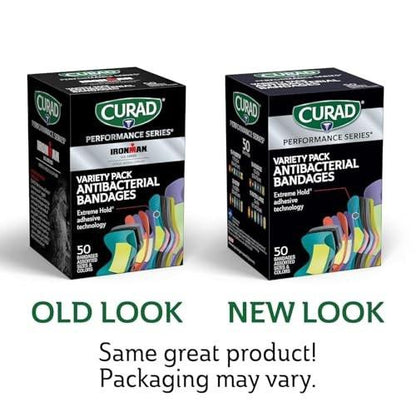 CURAD Performance Series IRONMAN Antibakterielle Finger- und Knöchel-Bandagen mit extremer Haftkraft, flexible Stoffpflaster, Sortiment mit verschiedenen Größen und Farben, 50 Stück