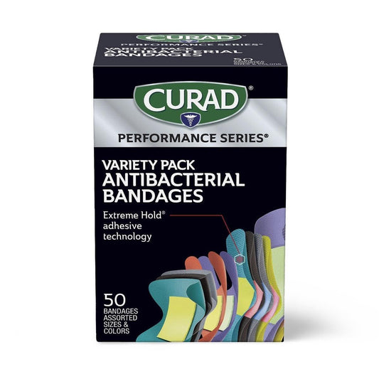 CURAD Performance Series IRONMAN Antibakterielle Finger- und Knöchel-Bandagen mit extremer Haftkraft, flexible Stoffpflaster, Sortiment mit verschiedenen Größen und Farben, 50 Stück