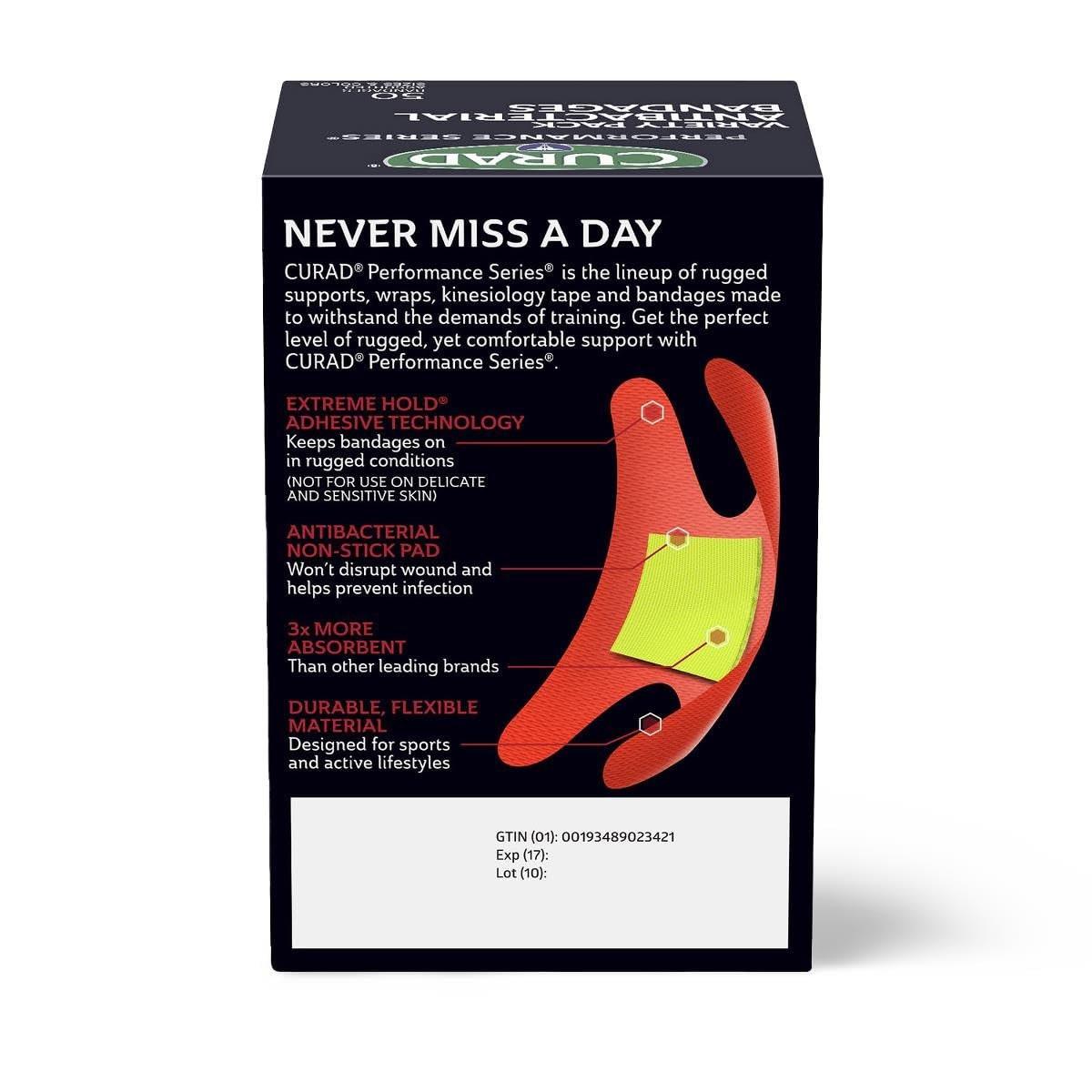 CURAD Performance Series IRONMAN Antibakterielle Finger- und Knöchel-Bandagen mit extremer Haftkraft, flexible Stoffpflaster, Sortiment mit verschiedenen Größen und Farben, 50 Stück