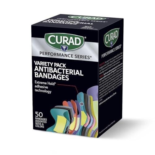 CURAD Performance Series IRONMAN Antibakterielle Finger- und Knöchel-Bandagen mit extremer Haftkraft, flexible Stoffpflaster, Sortiment mit verschiedenen Größen und Farben, 50 Stück
