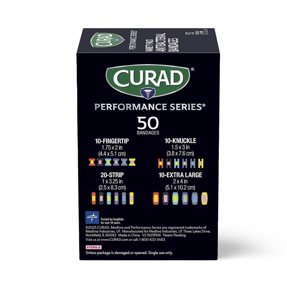 CURAD Performance Series IRONMAN Antibakterielle Finger- und Knöchel-Bandagen mit extremer Haftkraft, flexible Stoffpflaster, Sortiment mit verschiedenen Größen und Farben, 50 Stück