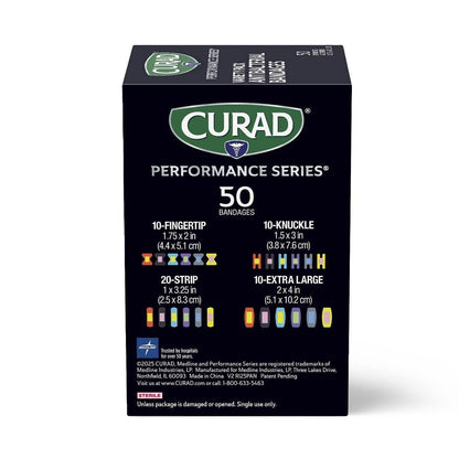 CURAD Performance Series IRONMAN Antibakterielle Finger- und Knöchel-Bandagen mit extremer Haftkraft, flexible Stoffpflaster, Sortiment mit verschiedenen Größen und Farben, 50 Stück