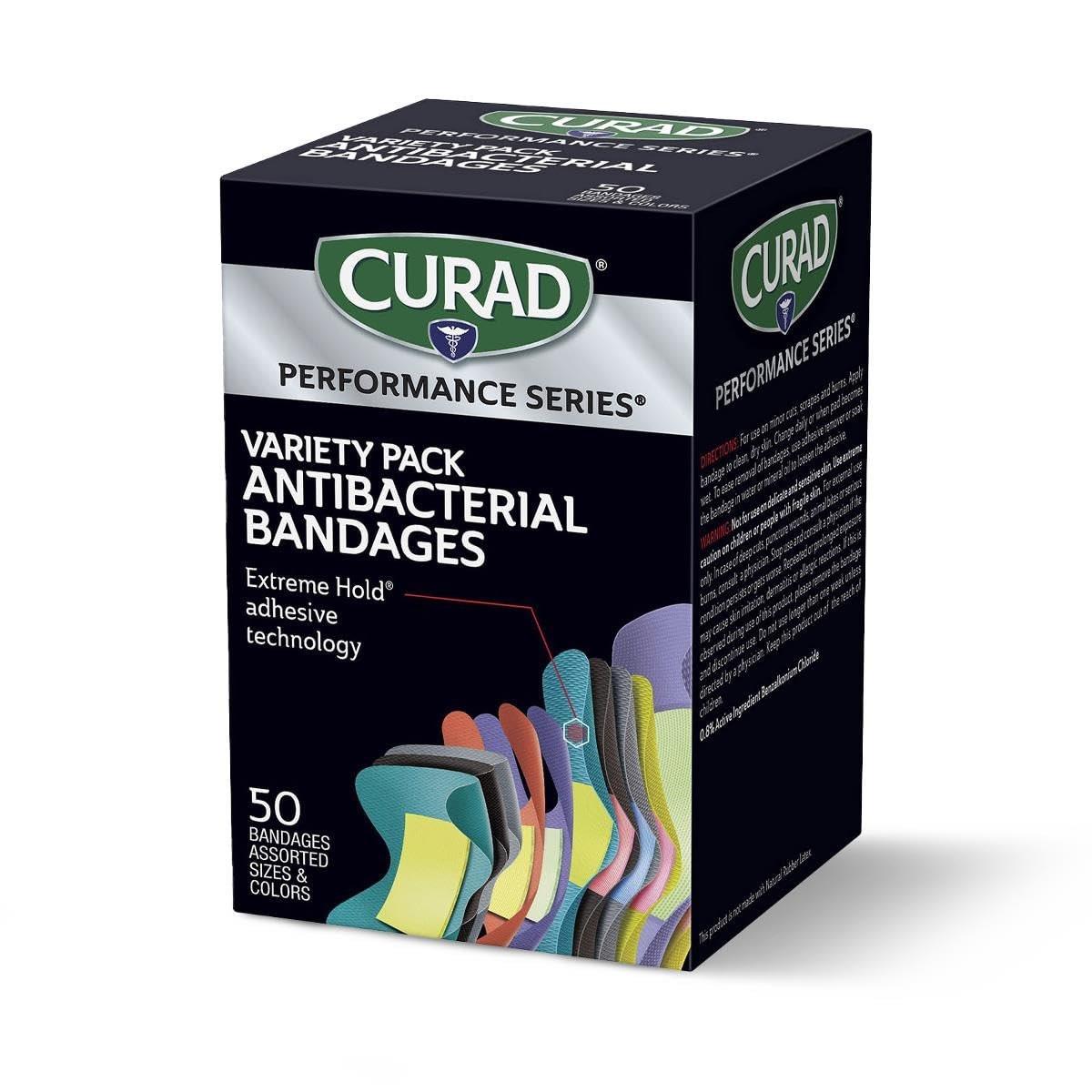 CURAD Performance Series IRONMAN Antibakterielle Finger- und Knöchel-Bandagen mit extremer Haftkraft, flexible Stoffpflaster, Sortiment mit verschiedenen Größen und Farben, 50 Stück