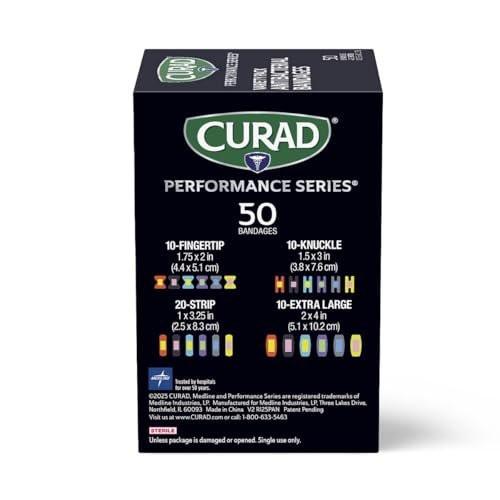 CURAD Performance Series IRONMAN Antibakterielle Finger- und Knöchel-Bandagen mit extremer Haftkraft, flexible Stoffpflaster, Sortiment mit verschiedenen Größen und Farben, 50 Stück