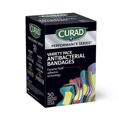 CURAD Performance Series IRONMAN Antibakterielle Finger- und Knöchel-Bandagen mit extremer Haftkraft, flexible Stoffpflaster, Sortiment mit verschiedenen Größen und Farben, 50 Stück