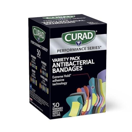 CURAD Performance Series IRONMAN Antibakterielle Finger- und Knöchel-Bandagen mit extremer Haftkraft, flexible Stoffpflaster, Sortiment mit verschiedenen Größen und Farben, 50 Stück