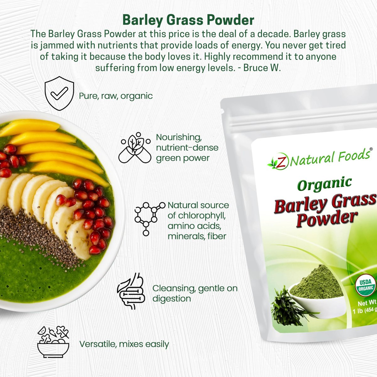 Z Natural Foods Bio Gerstengraspulver – USDA Bio Vollwert-Grünmischung für Energie, Entgiftung & pH-Gleichgewicht mit Aminosäuren, Mineralien – Antioxidantien-Mix für Saft, Wasser, Smoothies, 1 lb