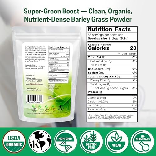 Z Natural Foods Bio Gerstengraspulver – USDA Bio Vollwert-Grünmischung für Energie, Entgiftung & pH-Gleichgewicht mit Aminosäuren, Mineralien – Antioxidantien-Mix für Saft, Wasser, Smoothies, 1 lb