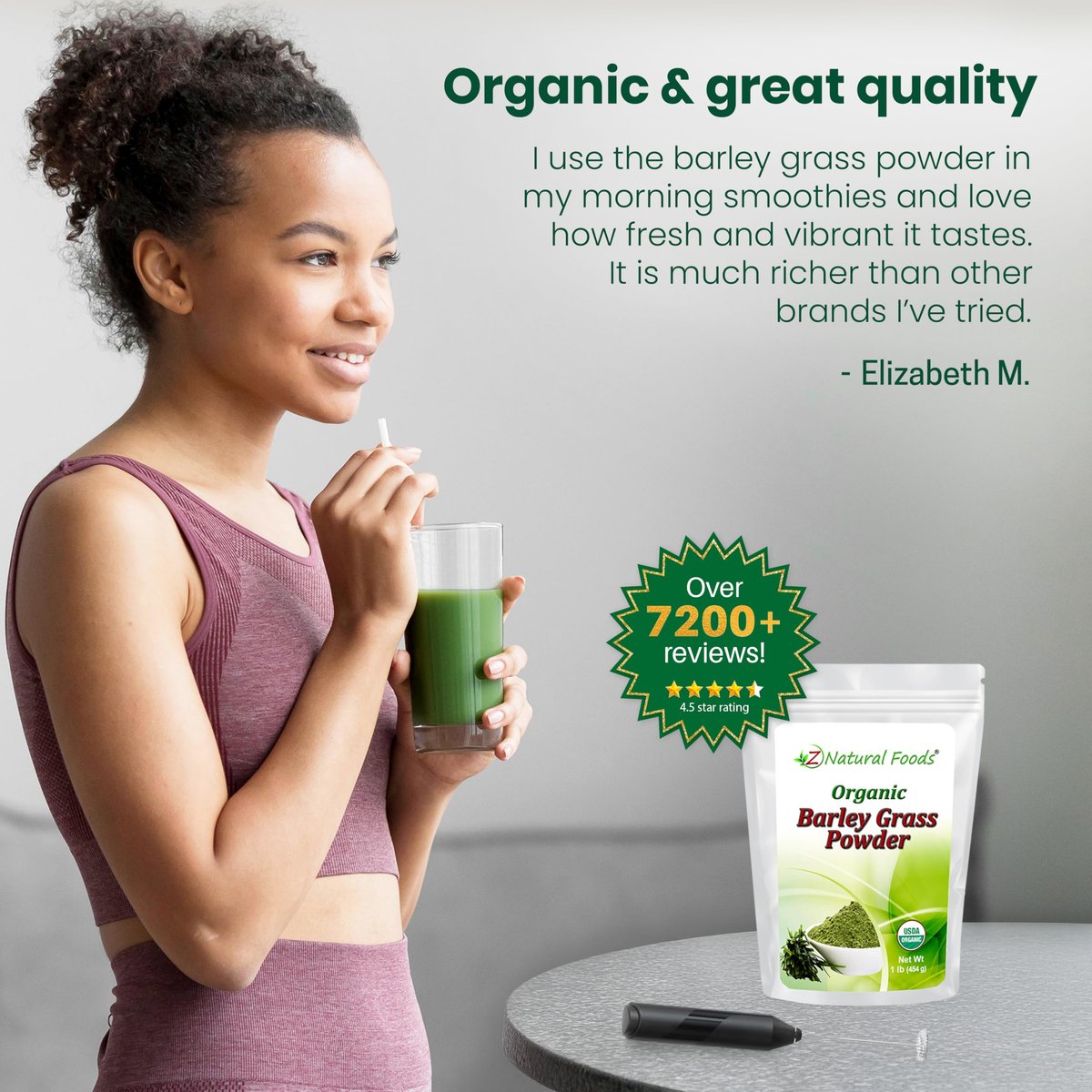 Z Natural Foods Bio Gerstengraspulver – USDA Bio Vollwert-Grünmischung für Energie, Entgiftung & pH-Gleichgewicht mit Aminosäuren, Mineralien – Antioxidantien-Mix für Saft, Wasser, Smoothies, 1 lb