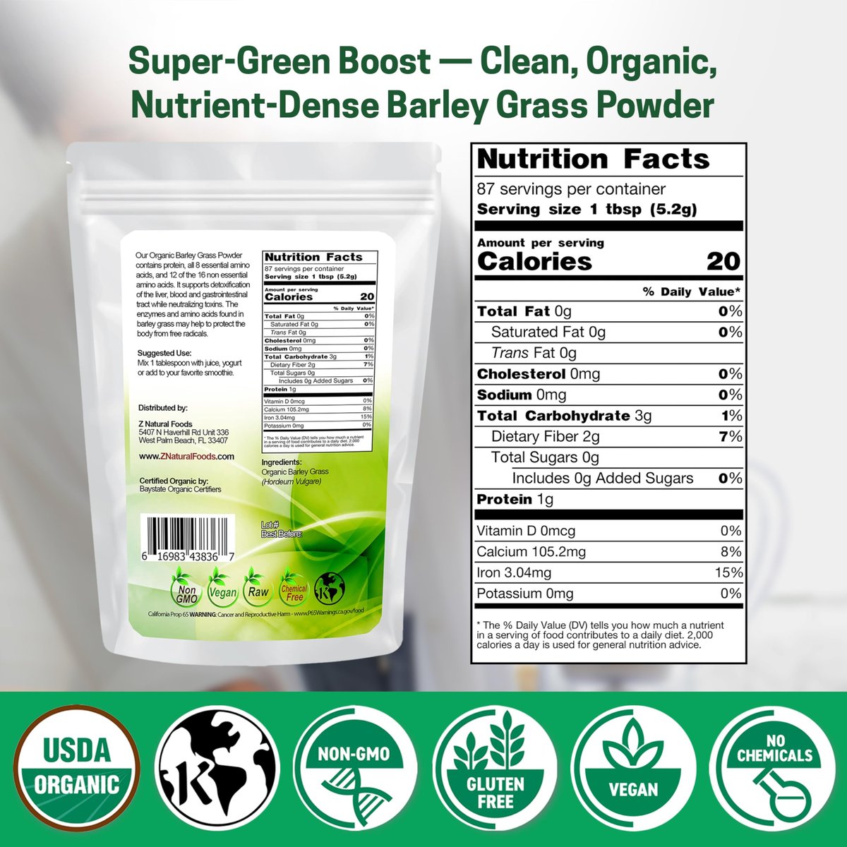 Z Natural Foods Bio Gerstengraspulver – USDA Bio Vollwert-Grünmischung für Energie, Entgiftung & pH-Gleichgewicht mit Aminosäuren, Mineralien – Antioxidantien-Mix für Saft, Wasser, Smoothies, 1 lb
