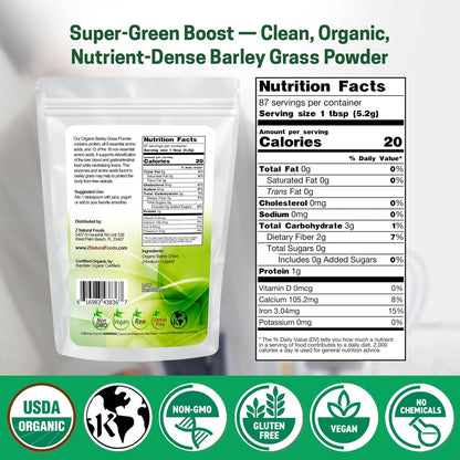 Z Natural Foods Bio Gerstengraspulver – USDA Bio Vollwert-Grünmischung für Energie, Entgiftung & pH-Gleichgewicht mit Aminosäuren, Mineralien – Antioxidantien-Mix für Saft, Wasser, Smoothies, 1 lb