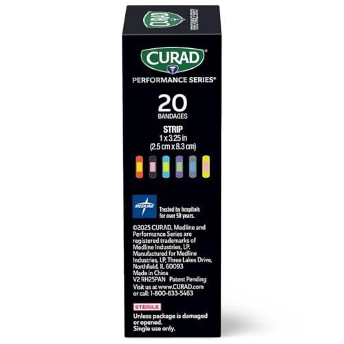 CURAD Performance Series Antibakterielle Pflaster, Extreme Hafttechnologie, Standardgröße Flexible Stoffpflaster für Schnitte, Schürfwunden & Verbrennungen, Farben gemischt, 1 x 3,25 Zoll, 20 Stück