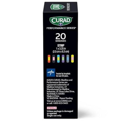 CURAD Performance Series Antibakterielle Pflaster, Extreme Hafttechnologie, Standardgröße Flexible Stoffpflaster für Schnitte, Schürfwunden & Verbrennungen, Farben gemischt, 1 x 3,25 Zoll, 20 Stück