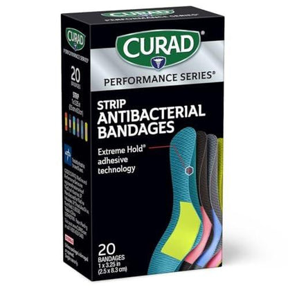 CURAD Performance Series Antibakterielle Pflaster, Extreme Hafttechnologie, Standardgröße Flexible Stoffpflaster für Schnitte, Schürfwunden & Verbrennungen, Farben gemischt, 1 x 3,25 Zoll, 20 Stück