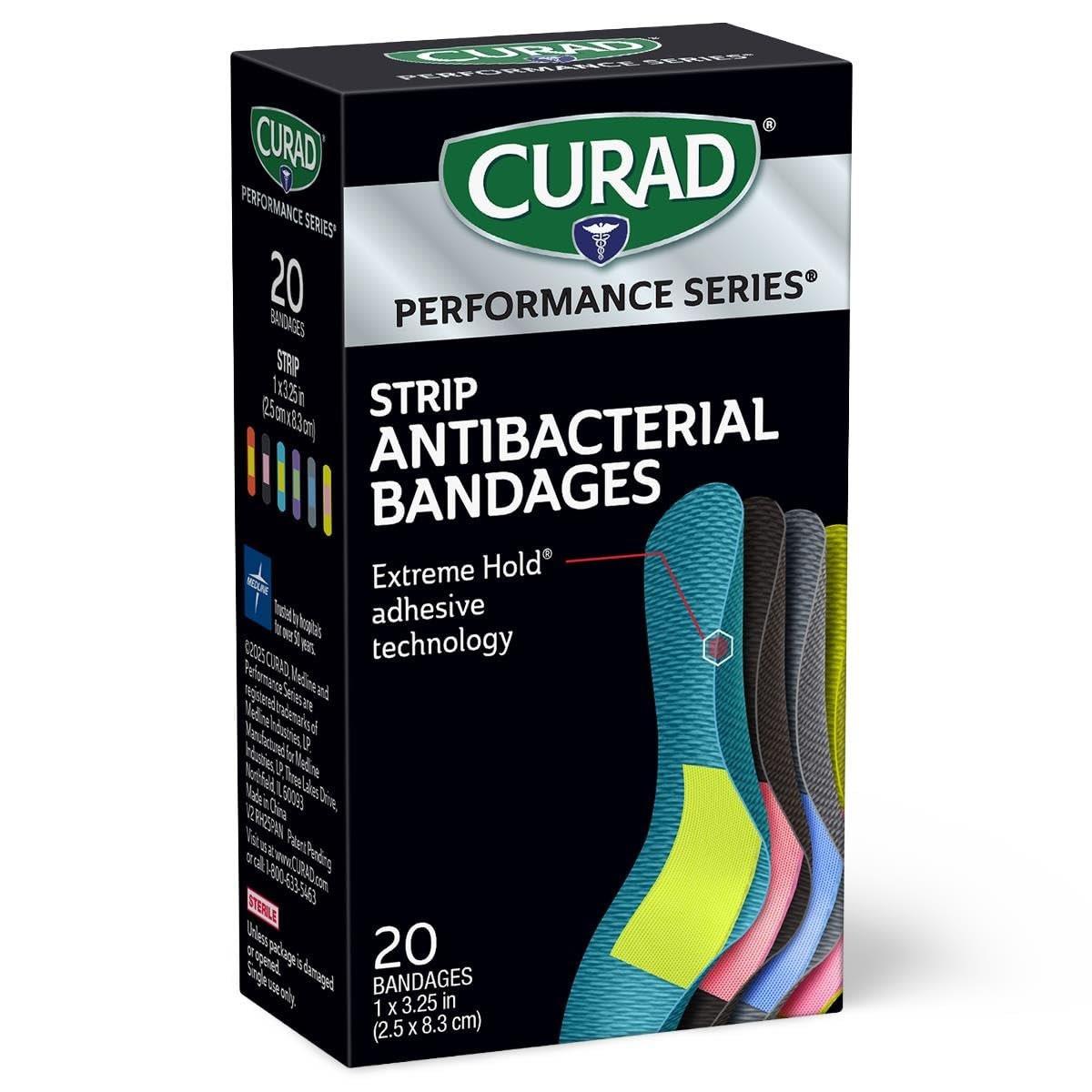 CURAD Performance Series Antibakterielle Pflaster, Extreme Hafttechnologie, Standardgröße Flexible Stoffpflaster für Schnitte, Schürfwunden & Verbrennungen, Farben gemischt, 1 x 3,25 Zoll, 20 Stück