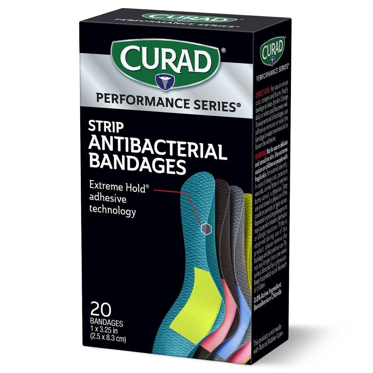 CURAD Performance Series Antibakterielle Pflaster, Extreme Hafttechnologie, Standardgröße Flexible Stoffpflaster für Schnitte, Schürfwunden & Verbrennungen, Farben gemischt, 1 x 3,25 Zoll, 20 Stück