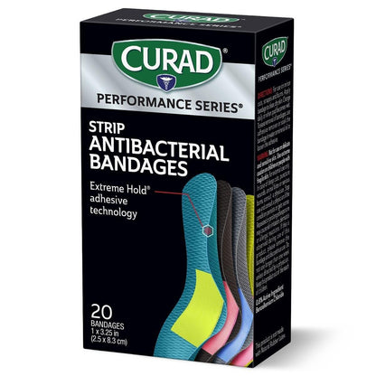 CURAD Performance Series Antibakterielle Pflaster, Extreme Hafttechnologie, Standardgröße Flexible Stoffpflaster für Schnitte, Schürfwunden & Verbrennungen, Farben gemischt, 1 x 3,25 Zoll, 20 Stück
