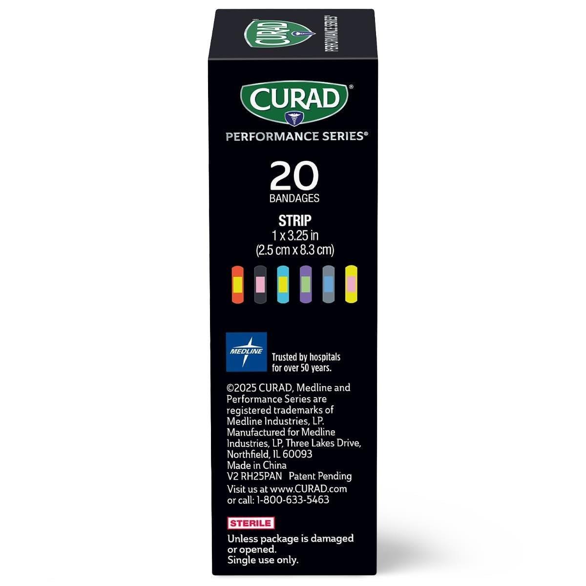 CURAD Performance Series Antibakterielle Pflaster, Extreme Hafttechnologie, Standardgröße Flexible Stoffpflaster für Schnitte, Schürfwunden & Verbrennungen, Farben gemischt, 1 x 3,25 Zoll, 20 Stück