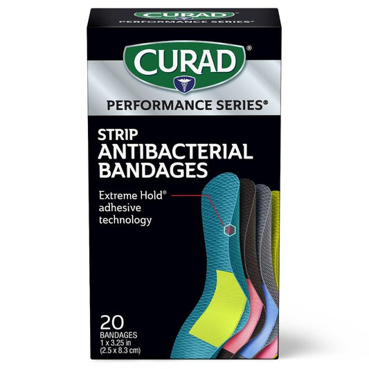 CURAD Performance Series Antibakterielle Pflaster, Extreme Hafttechnologie, Standardgröße Flexible Stoffpflaster für Schnitte, Schürfwunden & Verbrennungen, Farben gemischt, 1 x 3,25 Zoll, 20 Stück
