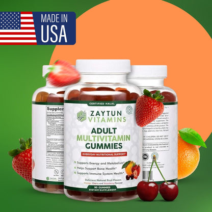 Zaytun Vitamins Halal Multivitamin Gummies für Erwachsene – Männer & Frauen – Tägliche Nährstoffversorgung mit Biotin – Vegan, natürliche Fruchtaromen, Non-GMO – Hergestellt in den USA – 90 Gummis