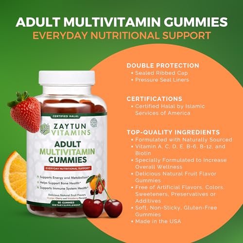 Zaytun Vitamins Halal Multivitamin Gummies für Erwachsene – Männer & Frauen – Tägliche Nährstoffversorgung mit Biotin – Vegan, natürliche Fruchtaromen, Non-GMO – Hergestellt in den USA – 90 Gummis
