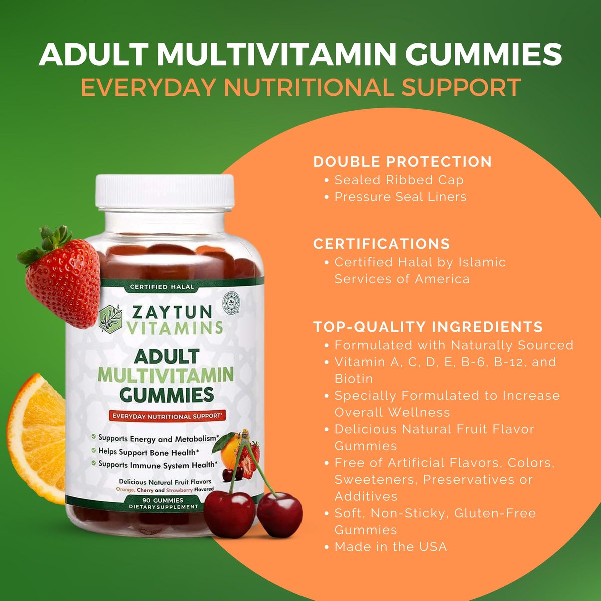 Zaytun Vitamins Halal Multivitamin Gummies für Erwachsene – Männer & Frauen – Tägliche Nährstoffversorgung mit Biotin – Vegan, natürliche Fruchtaromen, Non-GMO – Hergestellt in den USA – 90 Gummis