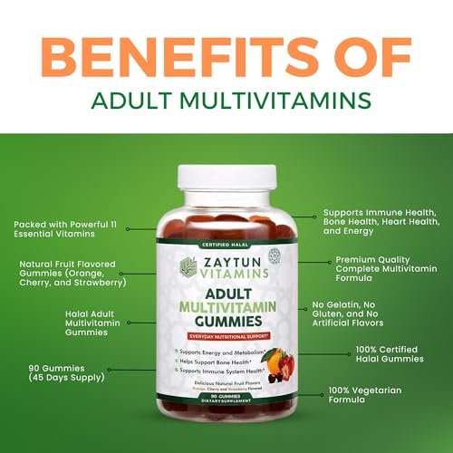 Zaytun Vitamins Halal Multivitamin Gummies für Erwachsene – Männer & Frauen – Tägliche Nährstoffversorgung mit Biotin – Vegan, natürliche Fruchtaromen, Non-GMO – Hergestellt in den USA – 90 Gummis