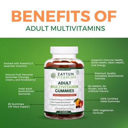 Zaytun Vitamins Halal Multivitamin Gummies für Erwachsene – Männer & Frauen – Tägliche Nährstoffversorgung mit Biotin – Vegan, natürliche Fruchtaromen, Non-GMO – Hergestellt in den USA – 90 Gummis