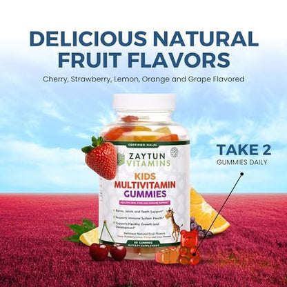 Zaytun Halal Vitamine für Kinder – Multivitamin Gummibärchen mit Vitamin A, C, D, E, B6, B12, Biotin – Vegetarisch, ohne Gelatine, glutenfrei, laktosefrei, nicht genetisch verändert – 90 fruchtige Gummis aus den USA