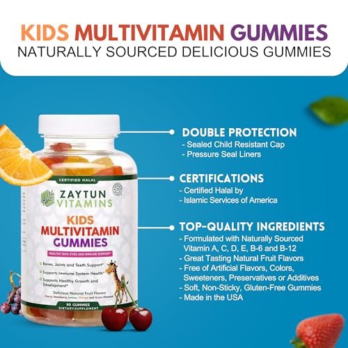 Zaytun Halal Vitamine für Kinder – Multivitamin Gummibärchen mit Vitamin A, C, D, E, B6, B12, Biotin – Vegetarisch, ohne Gelatine, glutenfrei, laktosefrei, nicht genetisch verändert – 90 fruchtige Gummis aus den USA