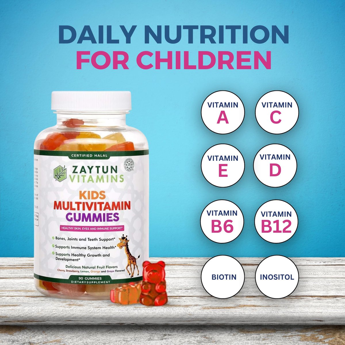 Zaytun Halal Vitamine für Kinder – Multivitamin Gummibärchen mit Vitamin A, C, D, E, B6, B12, Biotin – Vegetarisch, ohne Gelatine, glutenfrei, laktosefrei, nicht genetisch verändert – 90 fruchtige Gummis aus den USA