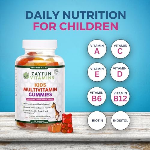 Zaytun Halal Vitamine für Kinder – Multivitamin Gummibärchen mit Vitamin A, C, D, E, B6, B12, Biotin – Vegetarisch, ohne Gelatine, glutenfrei, laktosefrei, nicht genetisch verändert – 90 fruchtige Gummis aus den USA