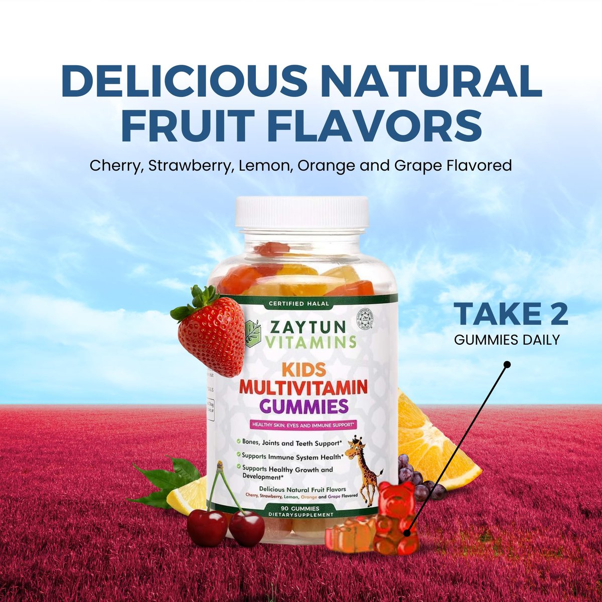 Zaytun Halal Vitamine für Kinder – Multivitamin Gummibärchen mit Vitamin A, C, D, E, B6, B12, Biotin – Vegetarisch, ohne Gelatine, glutenfrei, laktosefrei, nicht genetisch verändert – 90 fruchtige Gummis aus den USA