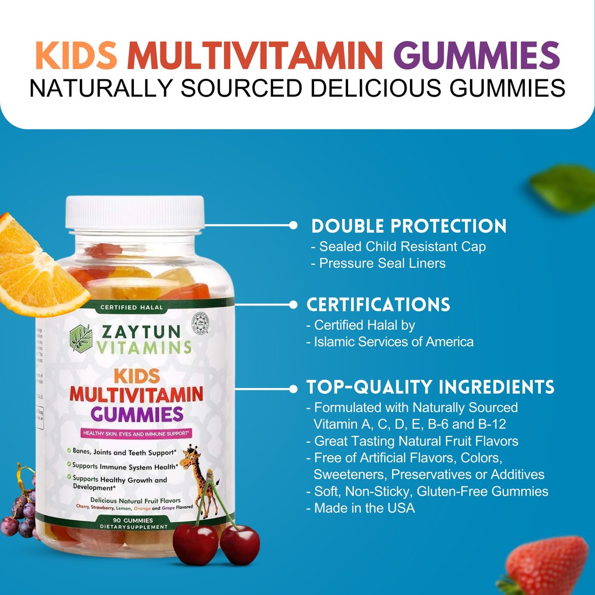 Zaytun Halal Vitamine für Kinder – Multivitamin Gummibärchen mit Vitamin A, C, D, E, B6, B12, Biotin – Vegetarisch, ohne Gelatine, glutenfrei, laktosefrei, nicht genetisch verändert – 90 fruchtige Gummis aus den USA