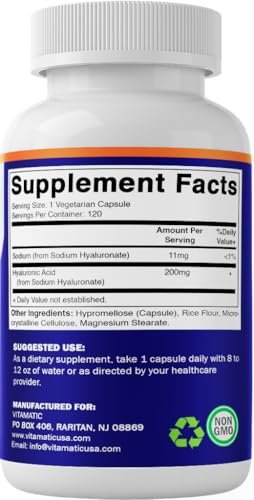 Vitamatic Hyaluronsäure 200 mg – 120 Kapseln für gesundes Bindegewebe, Gelenke und jugendliche Haut