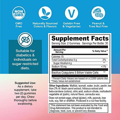 YUM-V'S Zuckerfreie Probiotika Gummis – Probiotika für Männer & Frauen zur Unterstützung der Verdauungsfunktion – Erwachsene & Kinder Probiotikum mit 5 Milliarden KBE Bacillus Coagulans – Vegan & Glutenfrei (60 Stück)