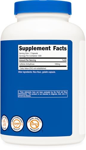 Nutricost Koffeinkapseln 100 mg, 500 Kapseln – Hochdosiertes Koffein für Energie und Fokus