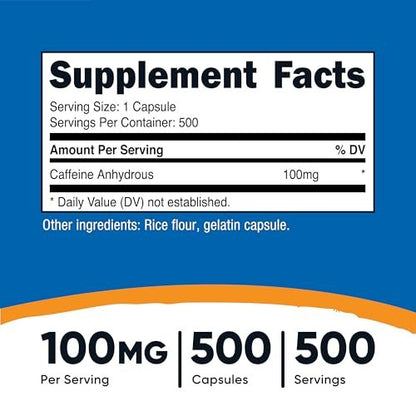 Nutricost Koffeinkapseln 100 mg, 500 Kapseln – Hochdosiertes Koffein für Energie und Fokus