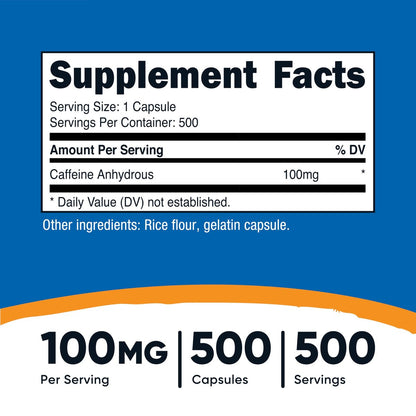 Nutricost Koffeinkapseln 100 mg, 500 Kapseln – Hochdosiertes Koffein für Energie und Fokus
