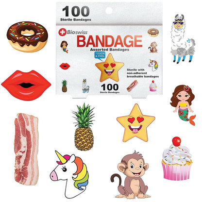 BioSwiss Wundpflaster Set – 100 bunte Tiermotive, lustige Formen und Lebensmittel-Designs, selbstklebend, latexfrei, steril
