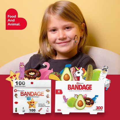 BioSwiss Wundpflaster Set – 100 bunte Tiermotive, lustige Formen und Lebensmittel-Designs, selbstklebend, latexfrei, steril