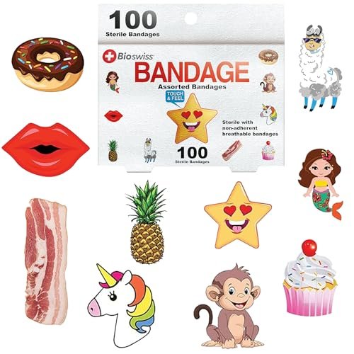 BioSwiss Wundpflaster Set – 100 bunte Tiermotive, lustige Formen und Lebensmittel-Designs, selbstklebend, latexfrei, steril