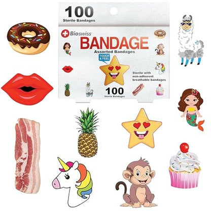 BioSwiss Wundpflaster Set – 100 bunte Tiermotive, lustige Formen und Lebensmittel-Designs, selbstklebend, latexfrei, steril