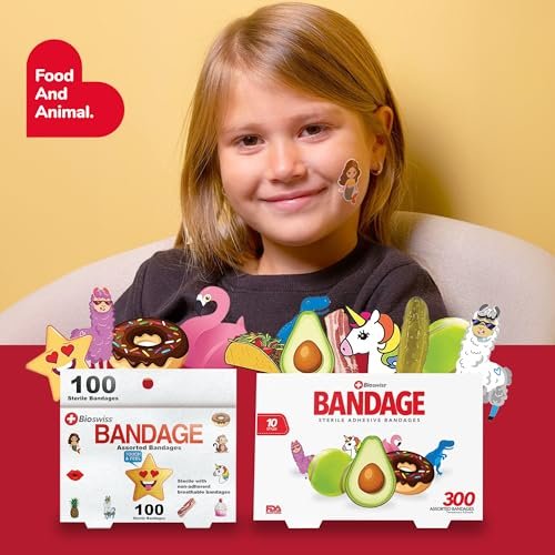 BioSwiss Wundpflaster Set – 100 bunte Tiermotive, lustige Formen und Lebensmittel-Designs, selbstklebend, latexfrei, steril