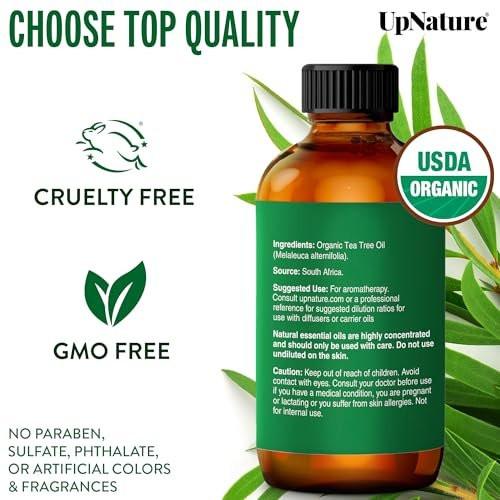 UpNature Teebaumöl - 100% reines, USDA-zertifiziertes Bio-Teebaumöl für Haut, Haare, Nägel, Körper und Kopfhaut (60 ml)