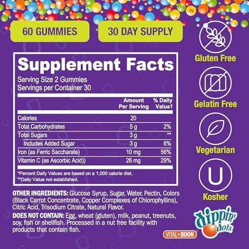 Vital+Boon Eisen mit Vitamin C & B12 Gummibärchen (60 Stück) – Vital für die Bildung roter Blutkörperchen | Trauben-Geschmack, echte Fruchtpektin-Kaubonbons | Vegan, Nicht-GVO, Glutenfrei & Gelatinefrei