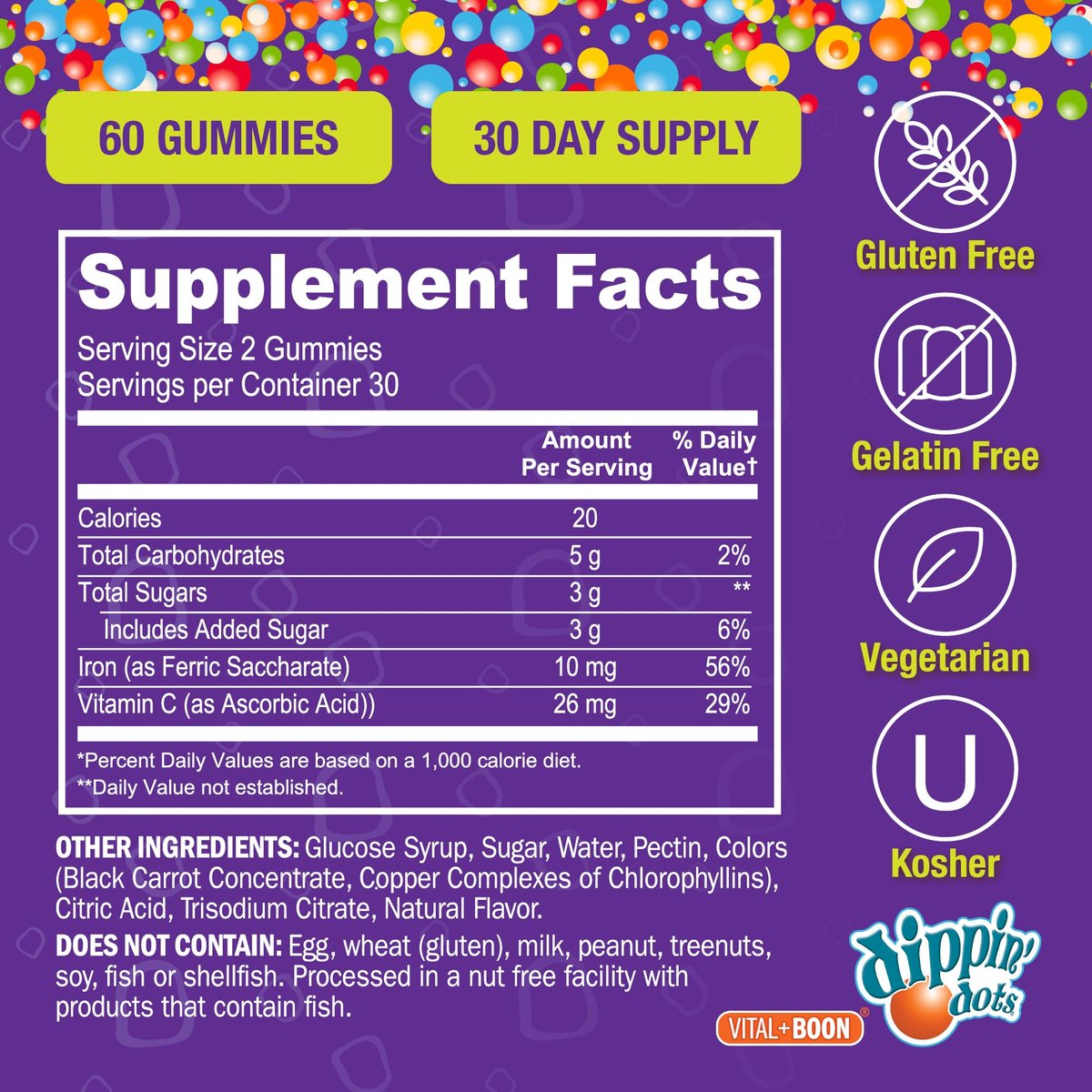Vital+Boon Eisen mit Vitamin C & B12 Gummibärchen (60 Stück) – Vital für die Bildung roter Blutkörperchen | Trauben-Geschmack, echte Fruchtpektin-Kaubonbons | Vegan, Nicht-GVO, Glutenfrei & Gelatinefrei